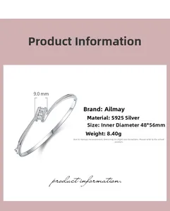 Detailed view of S925 silver open bangle with inlaid sparkling diamonds and dimensions