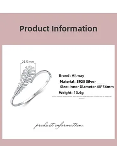 Macro detail of S925 sterling silver feather bracelet with dimensions and weights shown