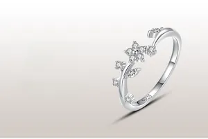 Macro shot of S925 sterling silver ring detail with zircon flower and S925 engraving