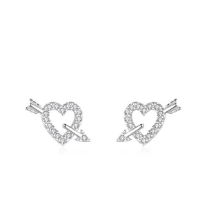 925 Sterling Silver Cupid's Arrow Heart Stud Earrings For Women Pave Rhinestone Simple Elegant Romantic Jewelry Gift