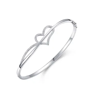 925 Sterling Silver Hollow Heart Bangle Bracelet For Women Simple Fresh Pave Rhinestone Fashion Jewelry Valentine Gift