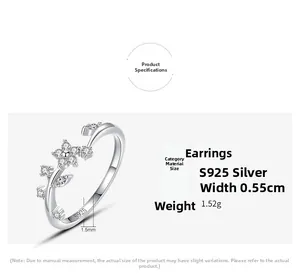 Macro detail of S925 sterling silver flower ring with zircon inlays and 0.55cm width