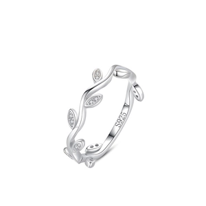 Elegant S925 sterling silver leaf ring with wave pattern and tiny sparkling zircon pavé