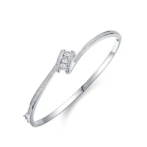Elegant 925 Sterling Silver Bangle Bracelet With Intertwined Rhinestone Inlay For Women Minimalist Korean Style Jewelry