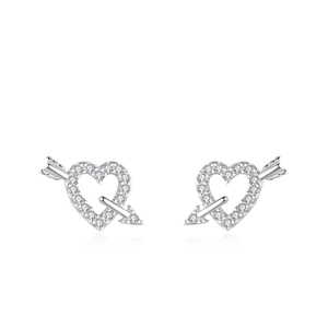 Sparkling S925 sterling silver heart-shaped stud earrings with Cupid's arrow and pavé zircons