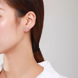 Elegant S925 silver geometric stud earrings with triple-layered diamonds on model