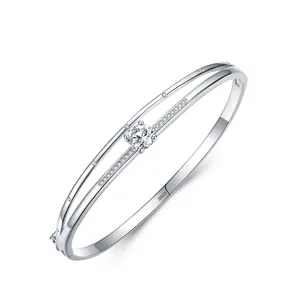 Brazalete de Plata de Ley S925 de Doble Capa con Diamante de Imitación Redondo Pulsera Minimalista Abierta para Mujer Joyas