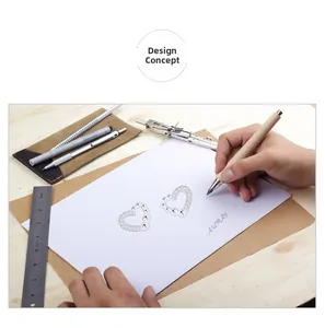 Macro design concept sketch of heart-shaped s925 silver earrings with diamond setting