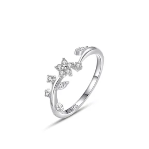 925 Sterling Silver Flower Ring For Women Exquisite Minimalist Adjustable Zirconia Leaf Branch Finger Ring Wedding Jewelry Gift