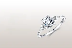 Close-up of rectangular cubic zirconia centerpiece and pavé stones on 925 silver ring