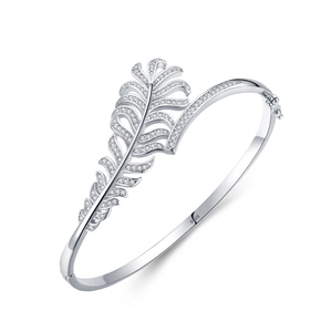 S925 sterling silver open feather bangle with sparkling pavé cubic zirconia accents