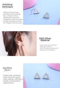 Macro detail of S925 sterling silver triangle earrings with cubic zirconia claw setting