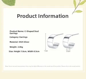Detailed view of S925 sterling silver C-shaped studs with size and weight metrics