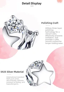 Macro view of S925 sterling silver star earrings with cubic zirconia and polished finish