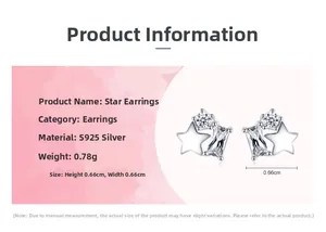 Detailed view of S925 silver star stud earrings with cubic zirconia and 0.78g weight