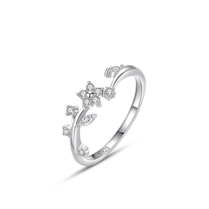 Elegant S925 sterling silver open ring with cubic zirconia flower and leaf design