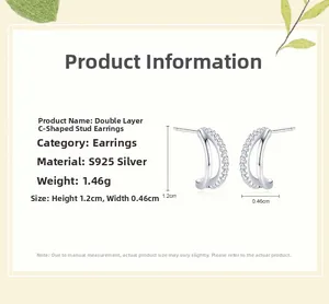 Detailed S925 silver double C-shaped stud earrings with dimensions 1.2cm x 0.46cm