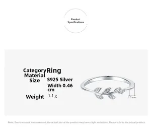 Détails de la bague feuille en argent 925 montrant les dimensions et le poinçon S925