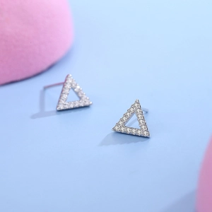 Minimalist S925 silver triangle stud earrings with shimmering cubic zirconia stones