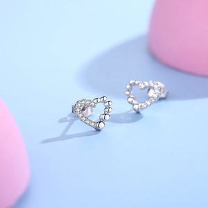 Asymmetric S925 silver heart stud earrings with sparkling cubic zirconia and micro-beads