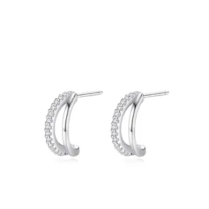 925 Sterling Silver C-Shaped Stud Earrings For Women Double Layer Micro Inlaid Rhinestone Minimalist Jewelry Gift Silver