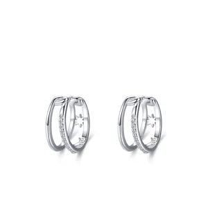 925 Sterling Silver Star Moon Ear Clip For Women Minimalist Double Layer Rhinestone Ear Cuff Non Pierced Earrings Fashion Jewelry