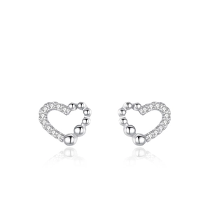 Minimalist s925 silver heart stud earrings with cubic zirconia and beaded texture