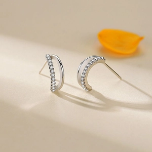 S925 sterling silver double-layered C-shaped stud earrings with sparkling cubic zirconia