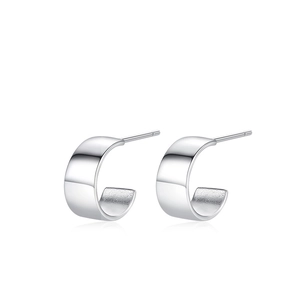 Polished S925 sterling silver C-shape stud earrings with minimalist wide hoop design