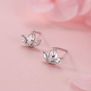 Elegant S925 sterling silver crown leaf stud earrings with marquise-cut clear crystals