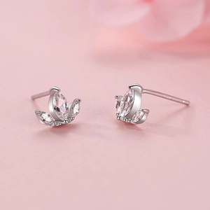 S925 sterling silver crown stud earrings with marquise pink gemstones on pink floral base