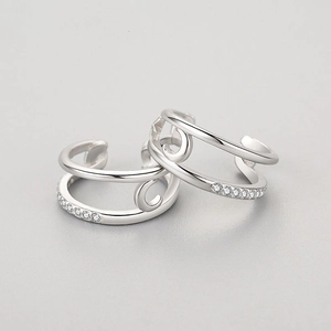 Minimalist 925 sterling silver moon star ear cuffs with double-layered zircon inlay design
