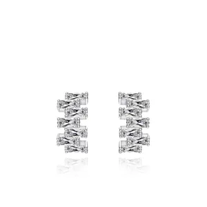 S925 Sterling Silver Geometric Asymmetric Stud Earrings For Women Baguette Cut Zirconia Minimalist Fashion Jewelry