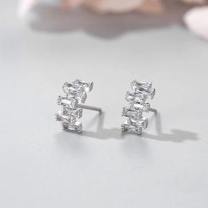 S925 sterling silver geometric stud earrings featuring square cut zircon in a half-hoop design