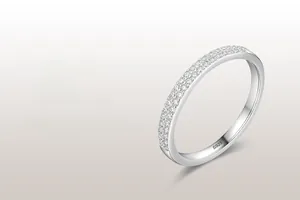Macro detail of S925 sterling silver ring featuring a sparkling micro-pave diamond band