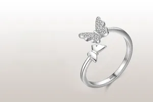 Macro shot of S925 sterling silver ring showing double butterfly wings with pavé zircon