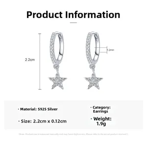 Detail view of S925 sterling silver star hoop earrings with dimensions 2.2cm and 1.9g weight