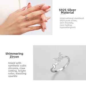 Close-up of S925 sterling silver butterfly ring with cubic zirconia claw setting