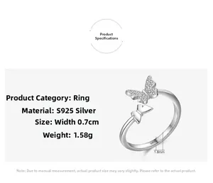 Detailed specs of S925 sterling silver butterfly ring with width and weight measurements