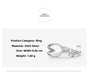 Detail specifications of S925 sterling silver leaf ring with 1.68g weight and 0.86cm width