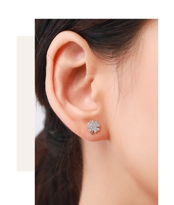 Close-up of S925 silver clover stud earring with sparkling full diamond pave setting