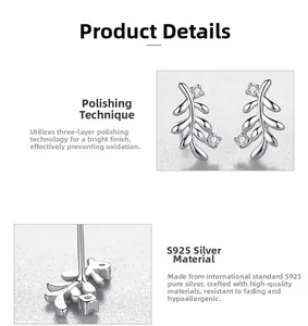 Detailed view of S925 sterling silver leaf studs with polished finish and clear zircons