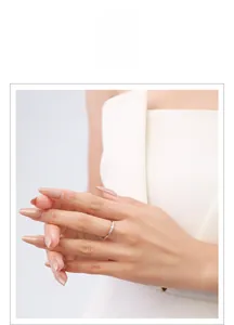 Detaillierte Nahaufnahme eines schmalen s925 Silberrings mit Zirkonia an der Hand des Models