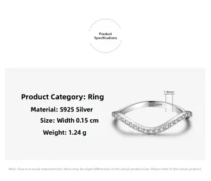 Detailed specs of S925 sterling silver wave ring with 0.15cm width and 1.24g weight