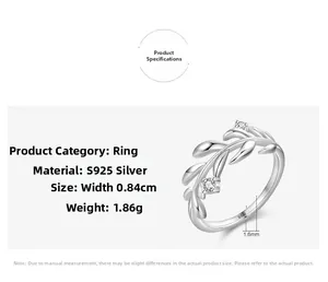 S925 sterling silver leaf ring detail with 0.84cm width and 1.86g weight specs