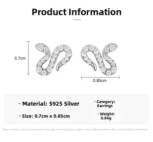 Macro view of S925 silver snake stud earrings with dimensions 0.7cm by 0.85cm