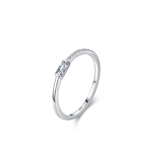 Minimalist S925 sterling silver ring with baguette-cut zircon and pave-set diamonds
