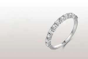 Macro shot of S925 sterling silver band featuring eleven brilliant cut cubic zirconia stones