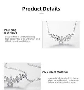 Close-up of S925 sterling silver necklace with five polished daisy flower pendants