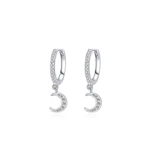 Boucles d'Oreilles Pendantes Croissant de Lune en Argent Sterling S925 pour Femmes Strass Pavé Créoles Bijoux Cadeau Mode